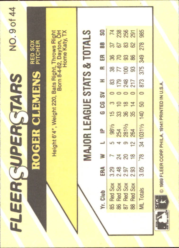 1989 Fleer Superstars #9 Roger Clemens back image