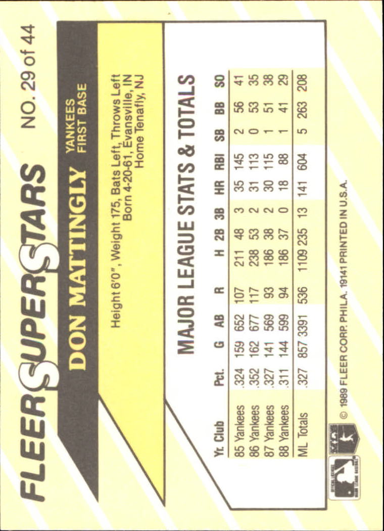 1989 Fleer Superstars #29 Don Mattingly back image