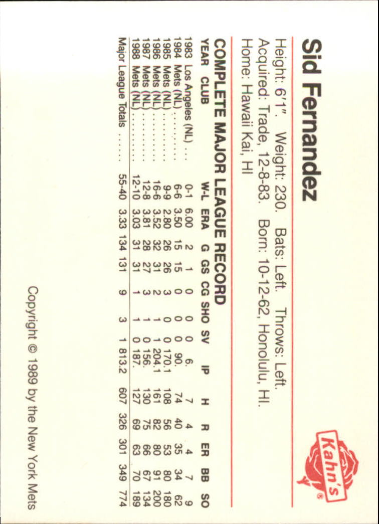 1989 Mets Kahn's #8 Sid Fernandez back image