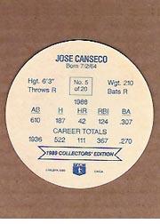 1989 MSA Holsum Discs #5 Jose Canseco back image