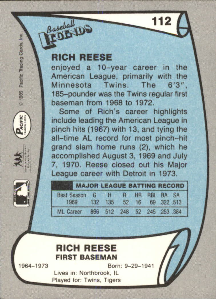 1989 Pacific Legends II #112 Rich Reese back image