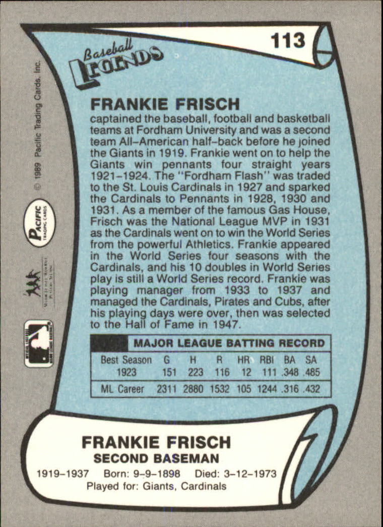 1989 Pacific Legends II #113 Frankie Frisch back image