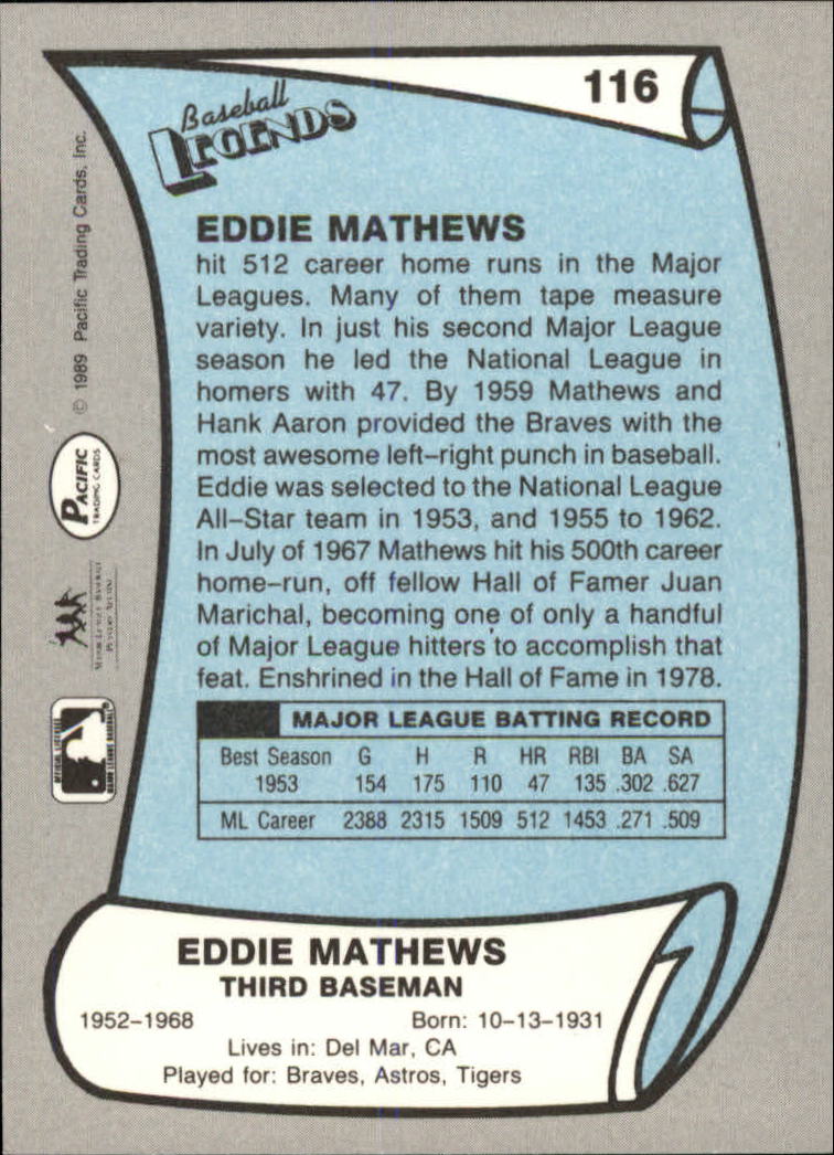 1989 Pacific Legends II #116 Eddie Mathews back image