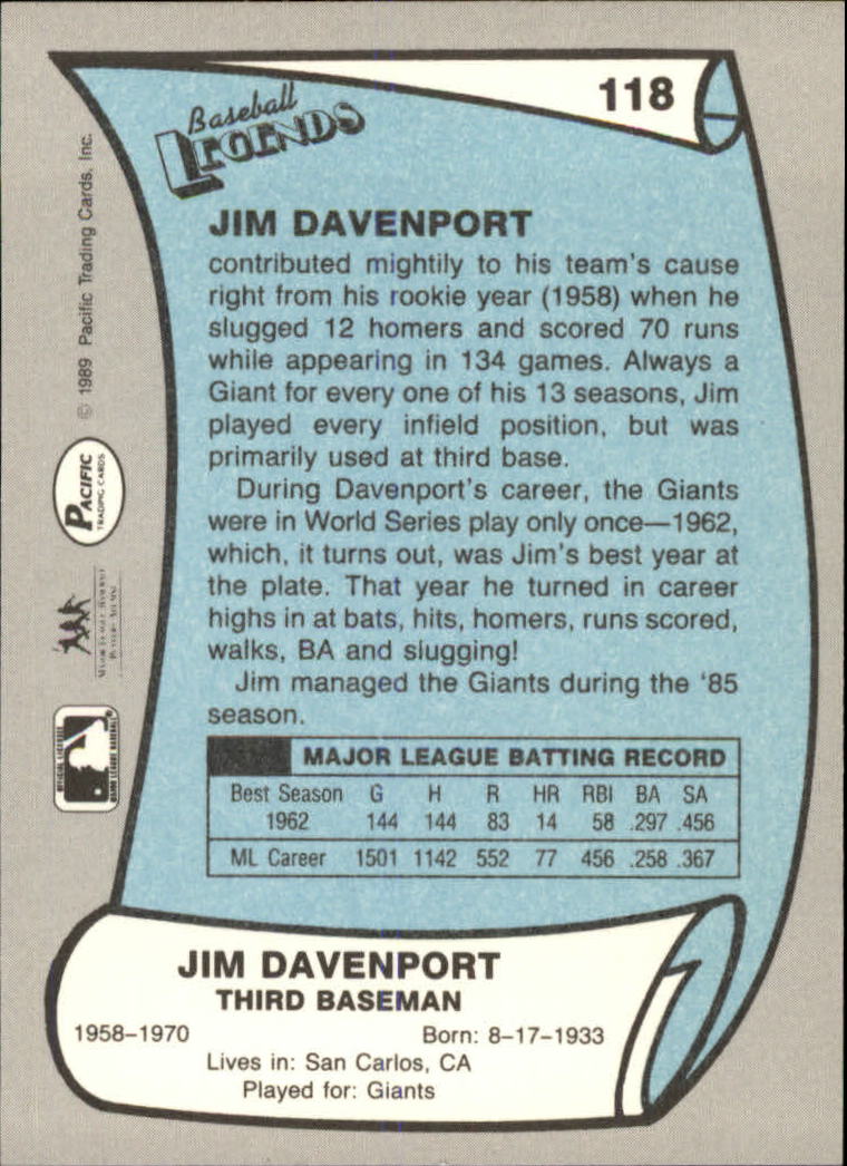1989 Pacific Legends II #118 Jim Davenport back image