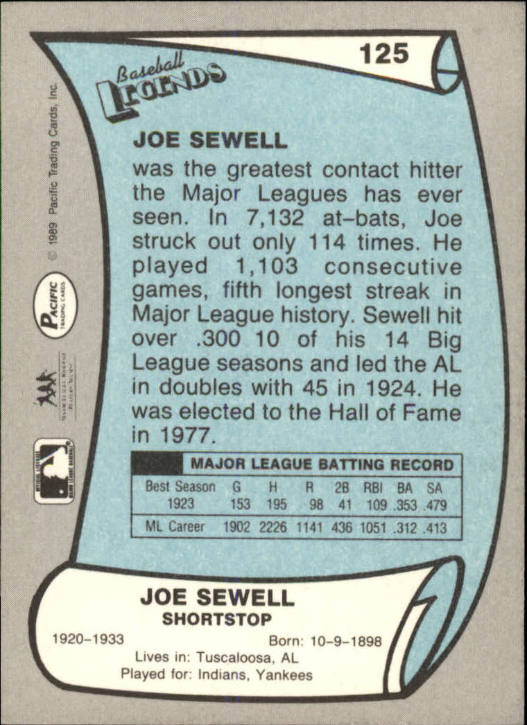 1989 Pacific Legends II #125 Joe Sewell back image
