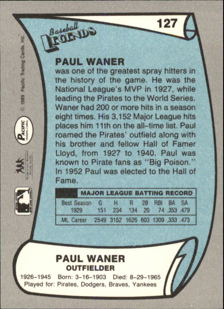 1989 Pacific Legends II #127 Paul Waner back image
