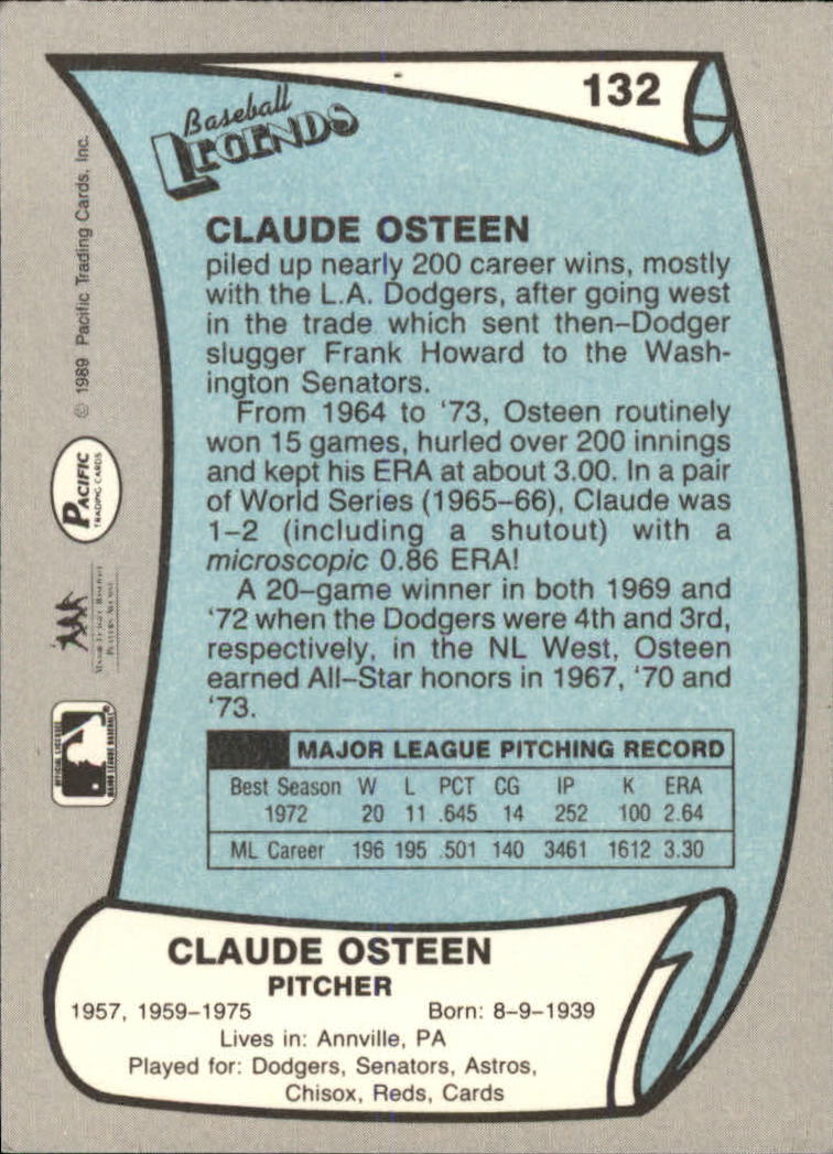 1989 Pacific Legends II #132 Claude Osteen back image