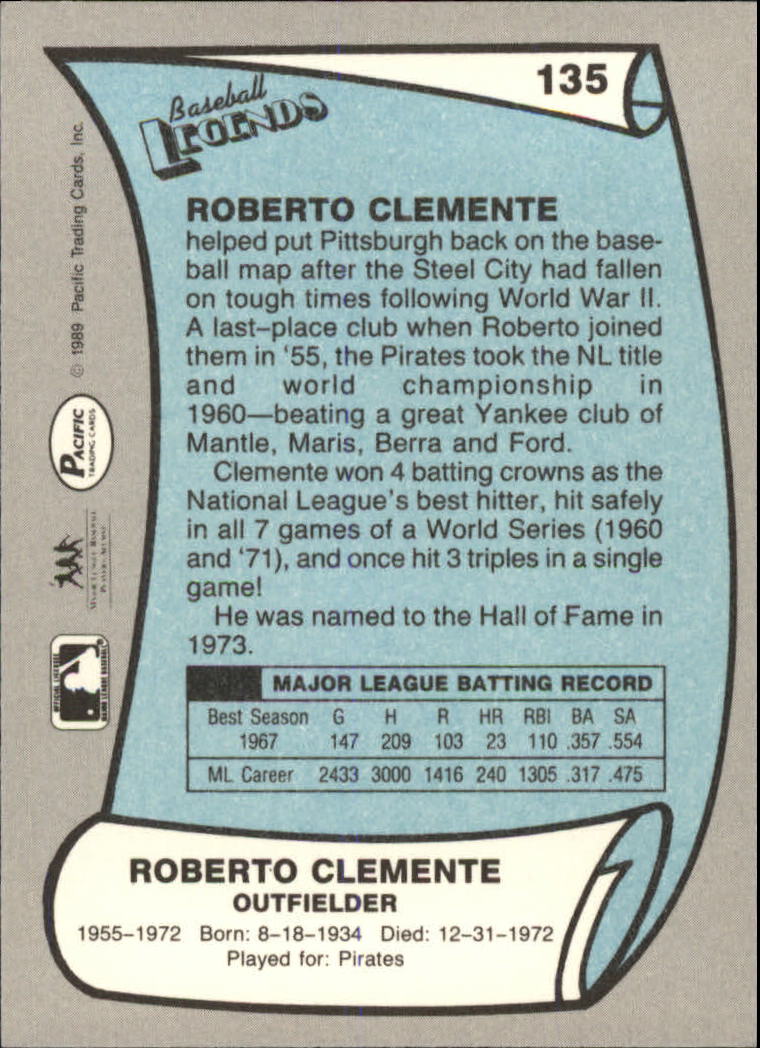 1989 Pacific Legends II #135 Roberto Clemente back image