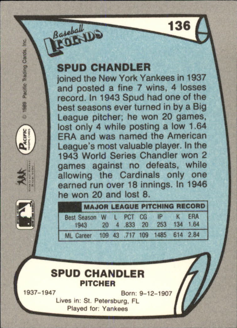 1989 Pacific Legends II #136 Spud Chandler back image