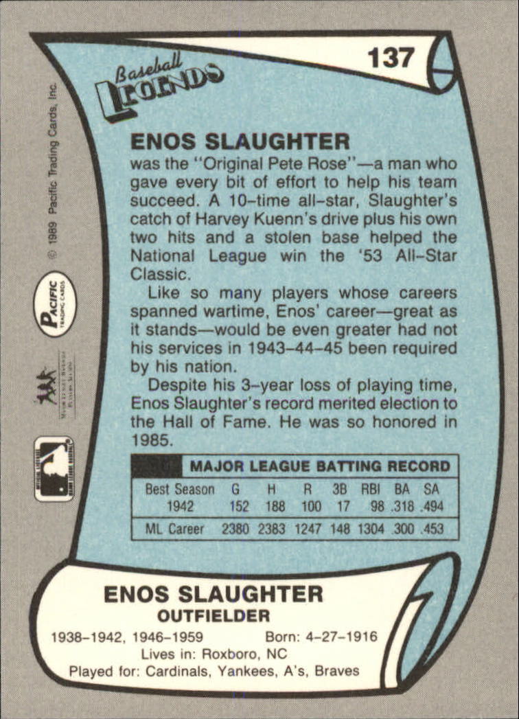1989 Pacific Legends II #137 Enos Slaughter back image