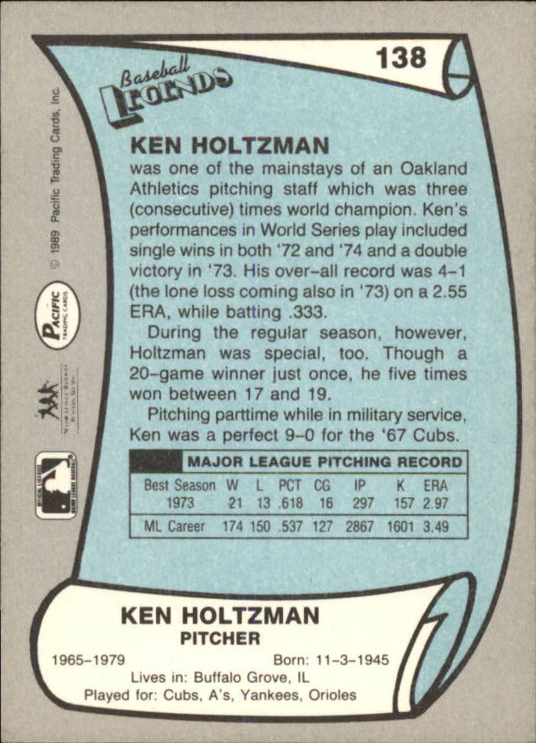1989 Pacific Legends II #138 Ken Holtzman back image