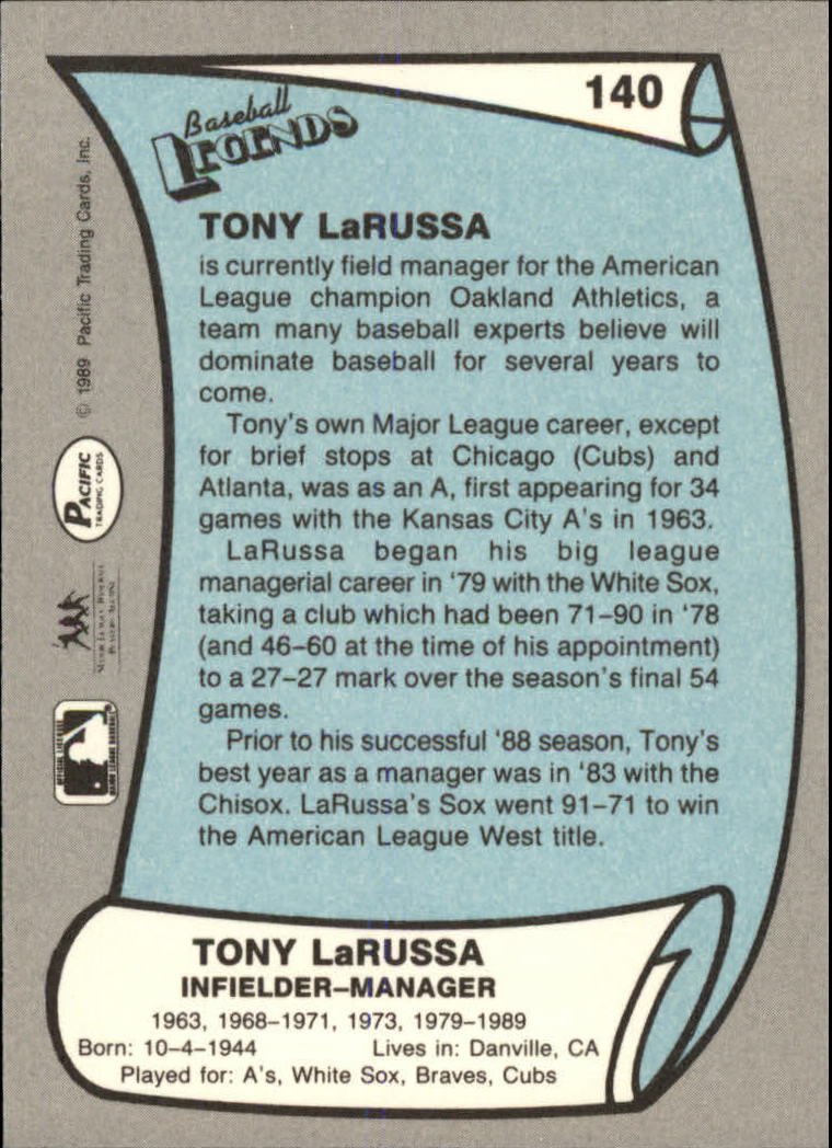 1989 Pacific Legends II #140 Tony LaRussa back image
