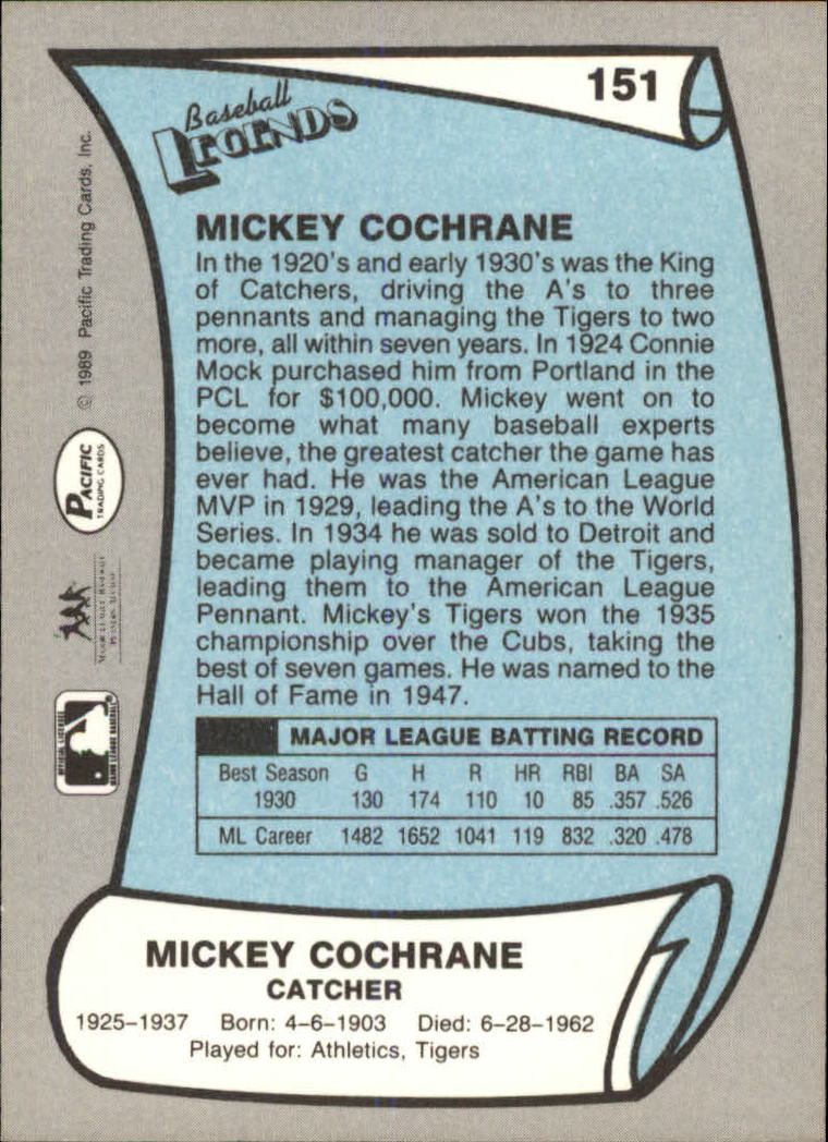 1989 Pacific Legends II #151 Mickey Cochrane back image