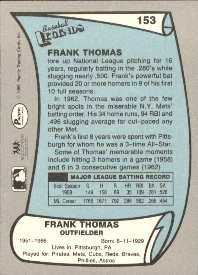 1989 Pacific Legends II #153 Frank Thomas back image
