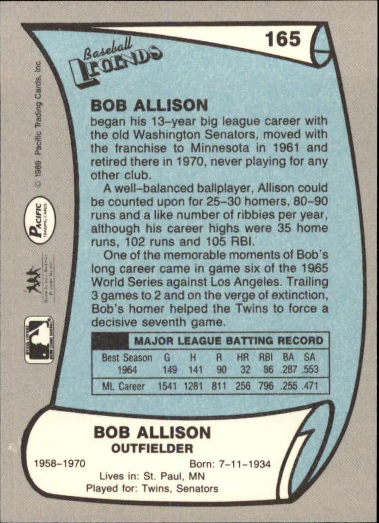 1989 Pacific Legends II #165 Bob Allison back image