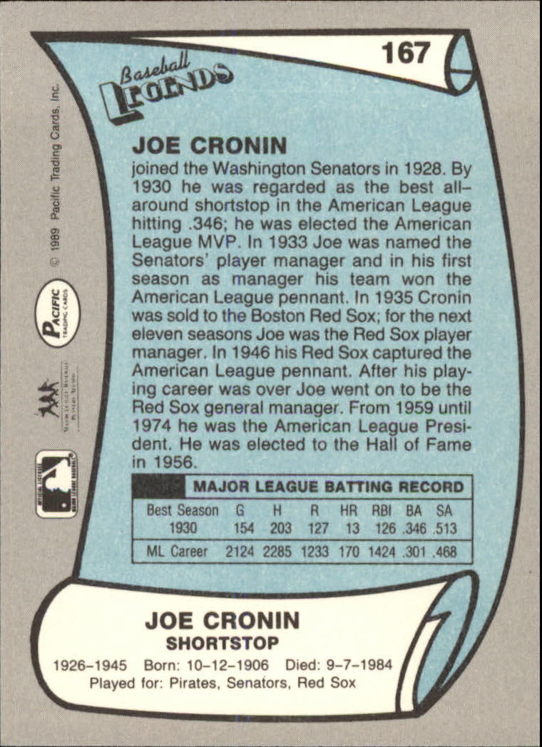 1989 Pacific Legends II #167 Joe Cronin back image