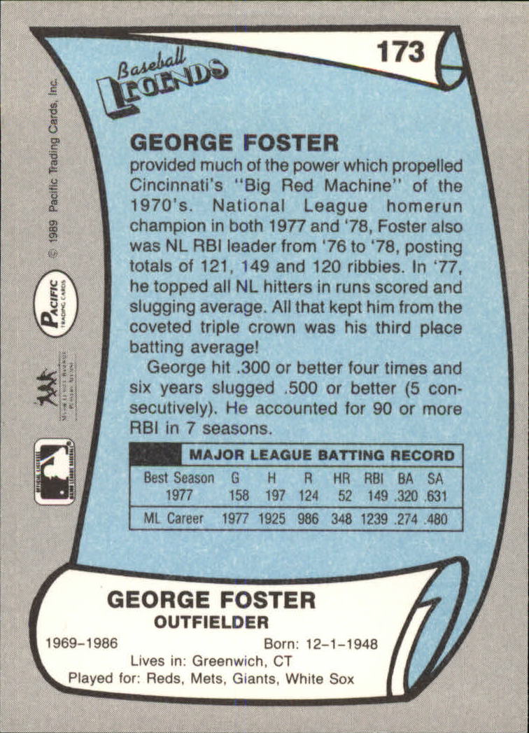1989 Pacific Legends II #173 George Foster back image