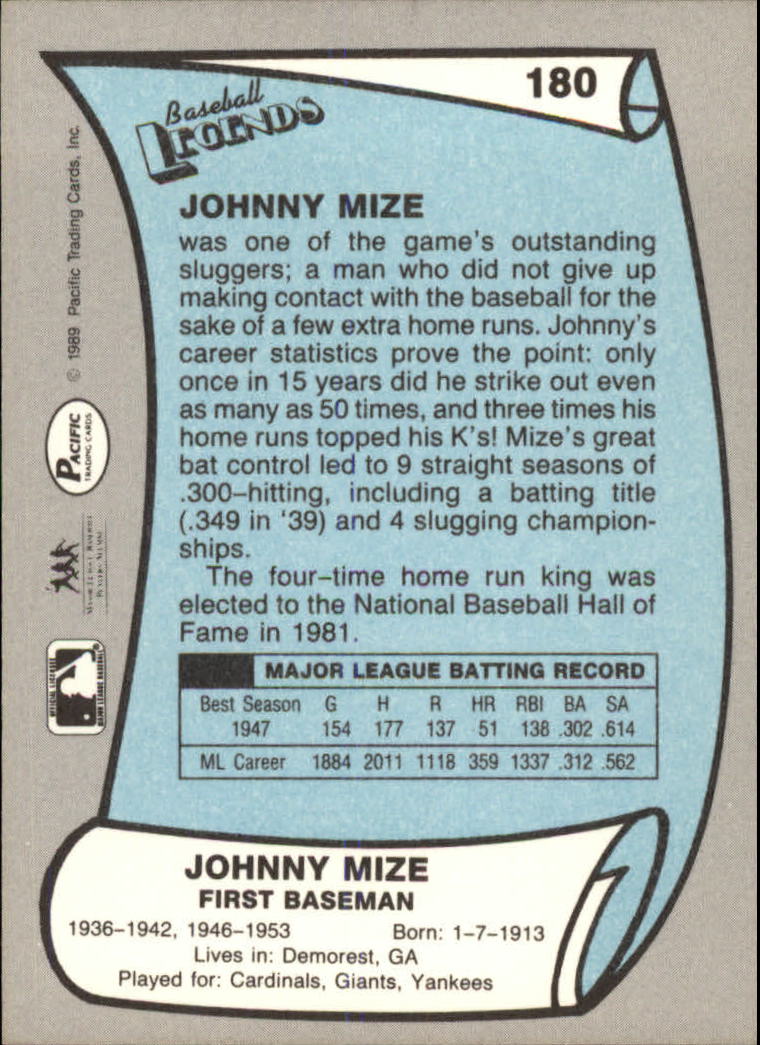 1989 Pacific Legends II #180 Johnny Mize back image