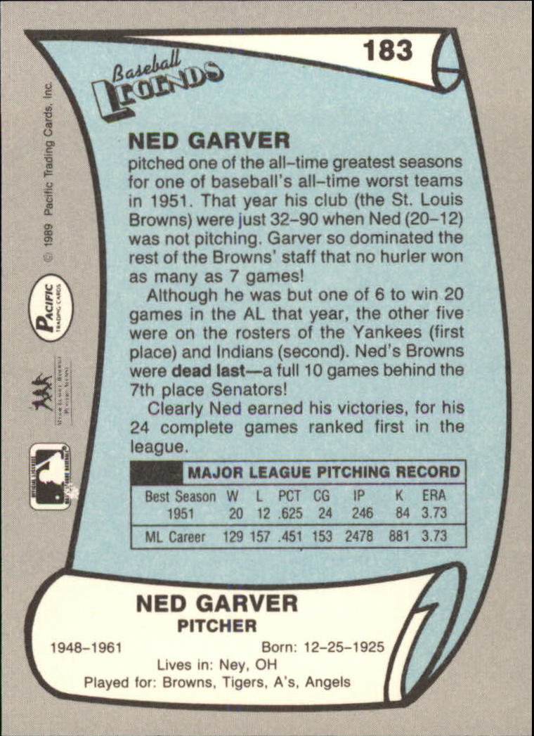 1989 Pacific Legends II #183 Ned Garver back image