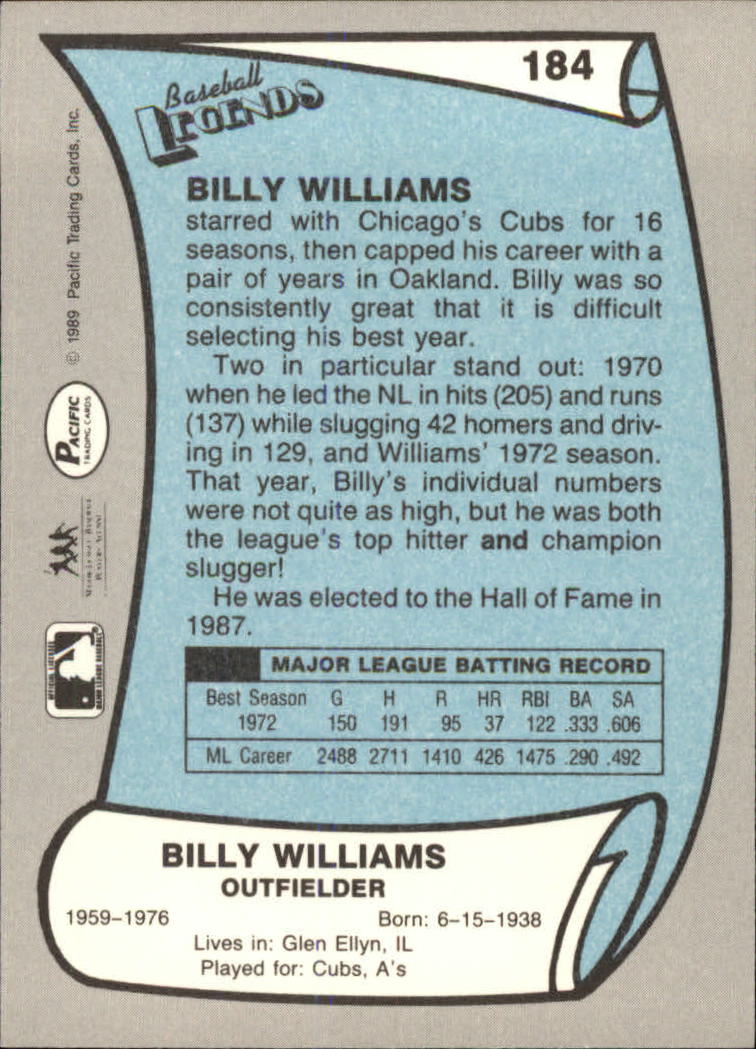 1989 Pacific Legends II #184 Billy Williams back image