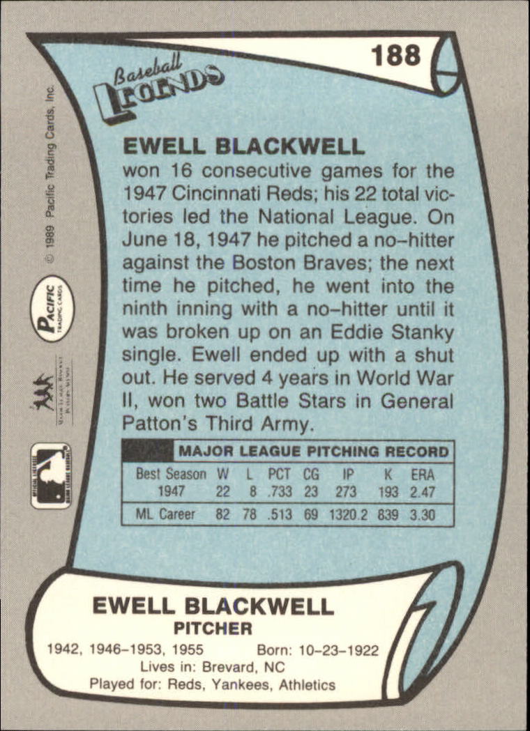 1989 Pacific Legends II #188 Ewell Blackwell back image