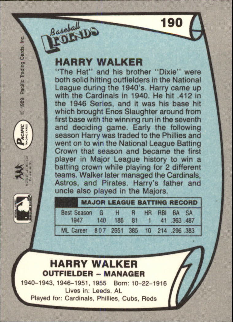 1989 Pacific Legends II #190 Harry Walker back image