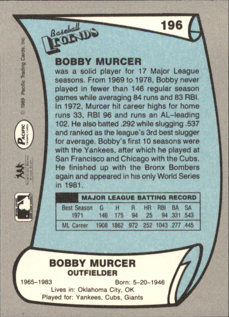 1989 Pacific Legends II #196 Bobby Murcer back image
