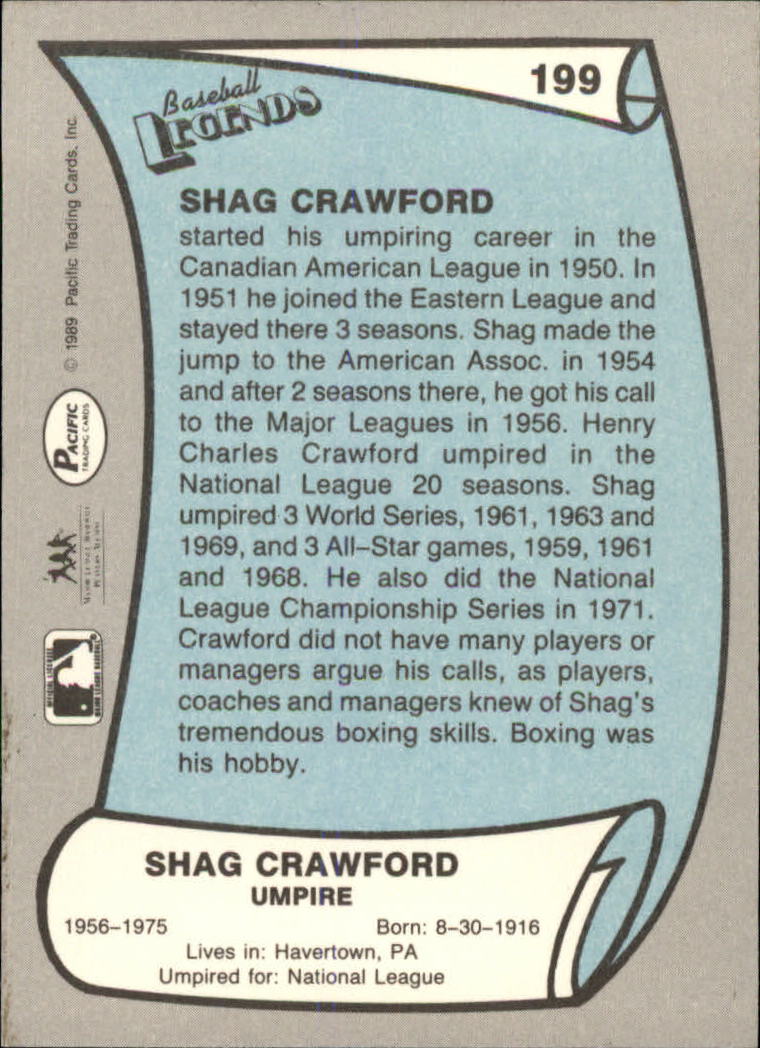 1989 Pacific Legends II #199 Shag Crawford UMP back image