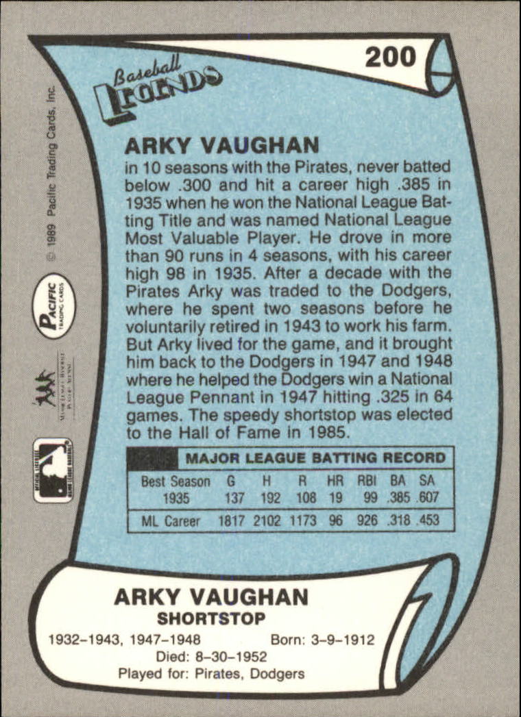 1989 Pacific Legends II #200 Arky Vaughan back image