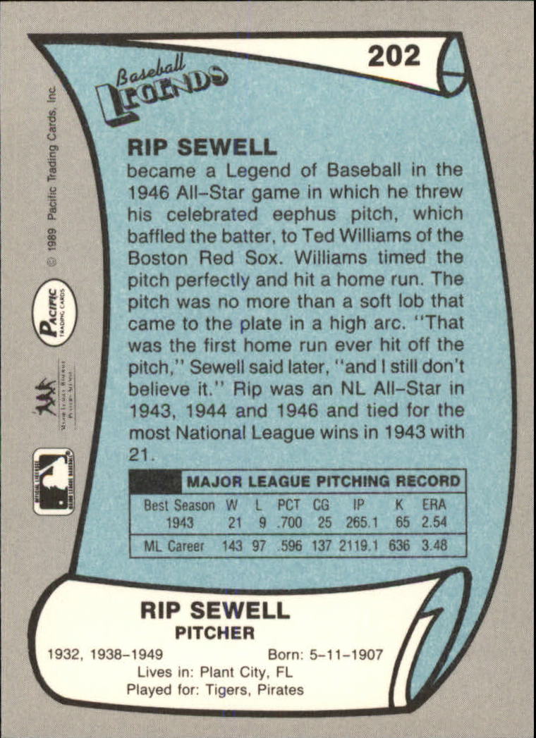 1989 Pacific Legends II #202 Rip Sewell back image