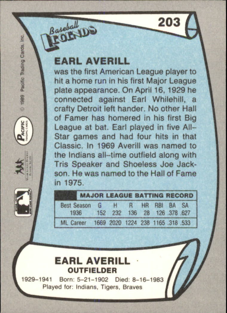 1989 Pacific Legends II #203 Earl Averill back image