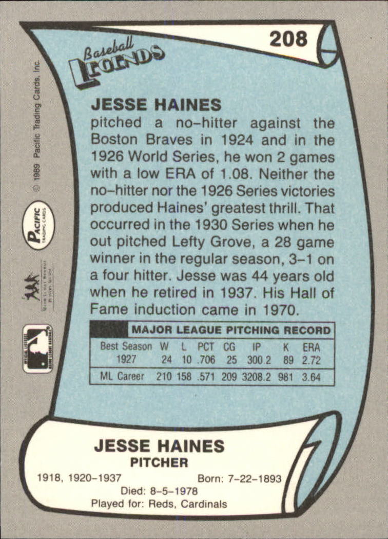 1989 Pacific Legends II #208 Jesse Haines back image