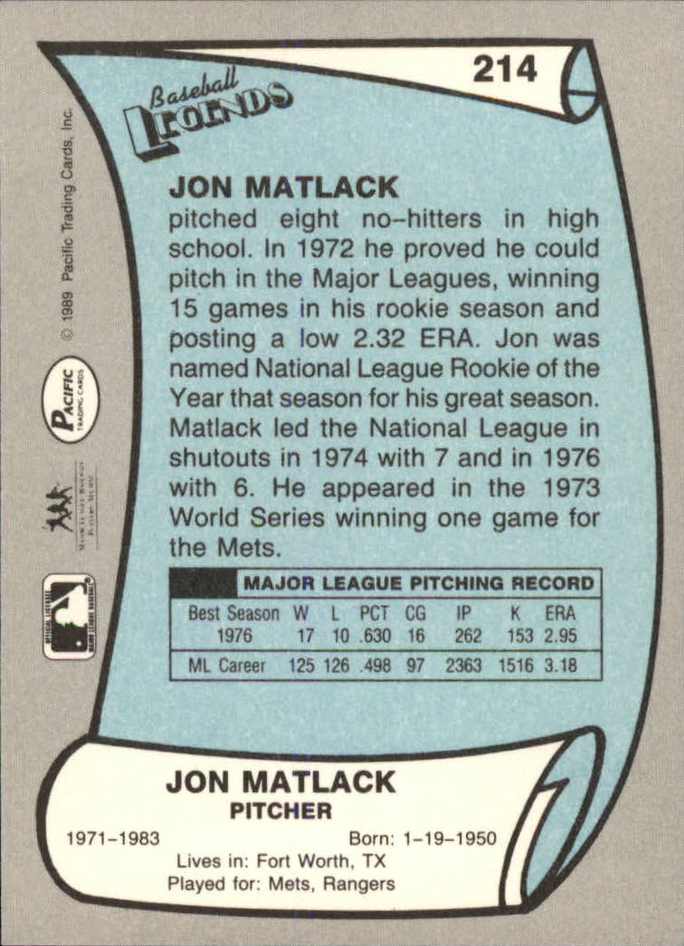1989 Pacific Legends II #214 Jon Matlack back image