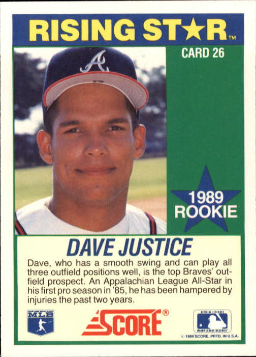 1989 Score Hottest 100 Rookies #26 Dave Justice back image