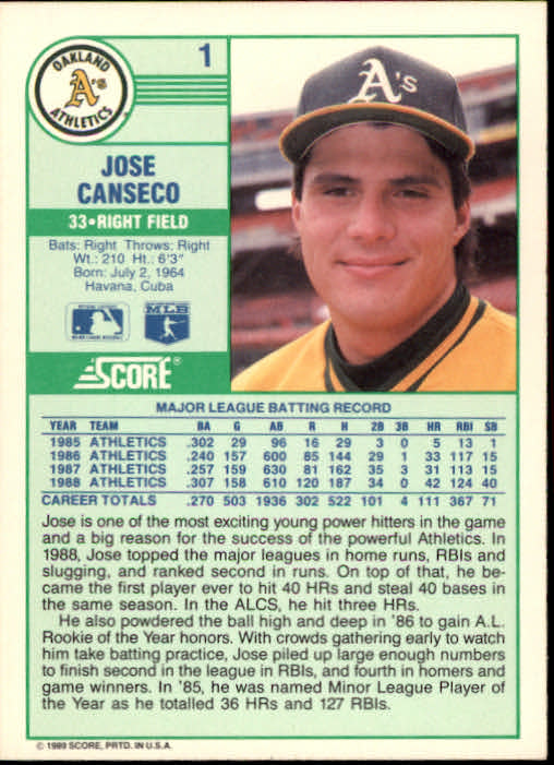 1989 Score #1 Jose Canseco back image