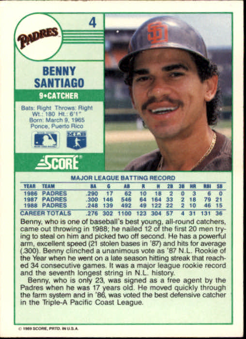 1989 Score #4 Benito Santiago back image