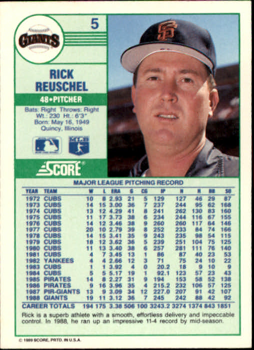1989 Score #5 Rick Reuschel back image