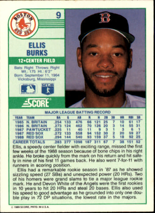 1989 Score #9 Ellis Burks back image