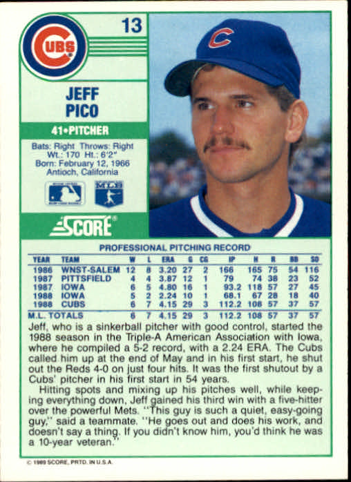 1989 Score #13 Jeff Pico back image