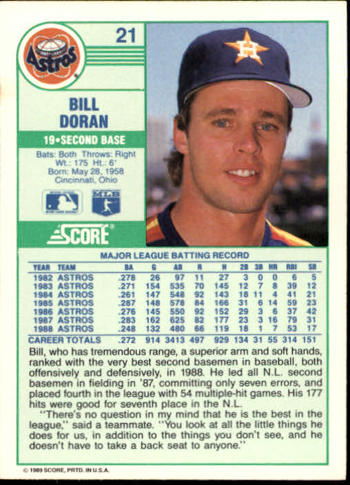 1989 Score #21 Bill Doran back image