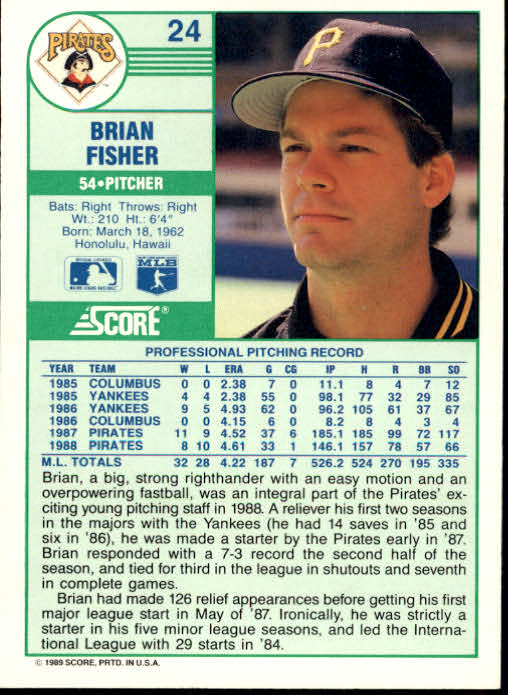 1989 Score #24 Brian Fisher back image