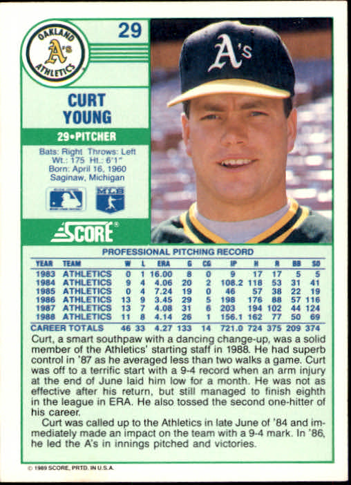 1989 Score #29 Curt Young back image