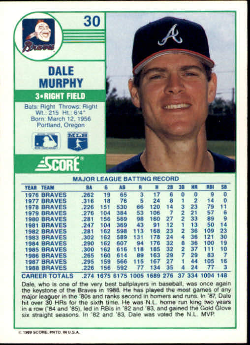 1989 Score #30 Dale Murphy back image