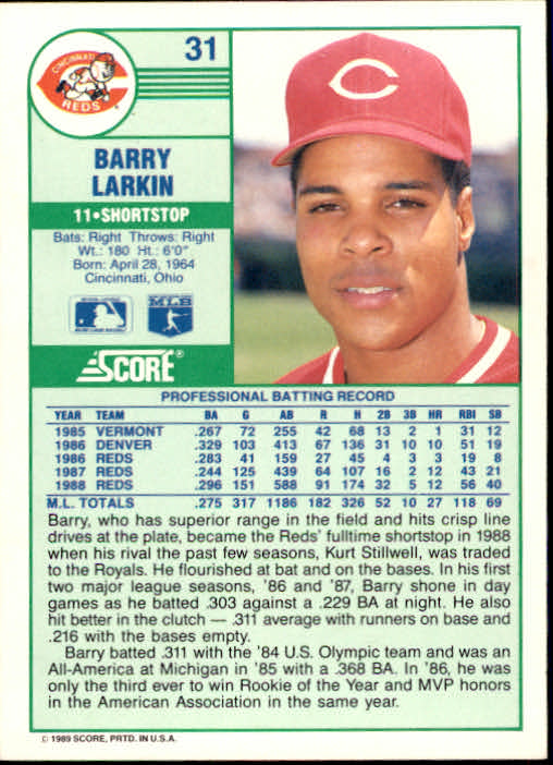 1989 Score #31 Barry Larkin back image