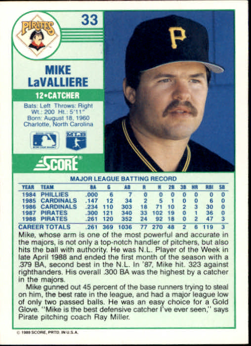 1989 Score #33 Mike LaValliere back image