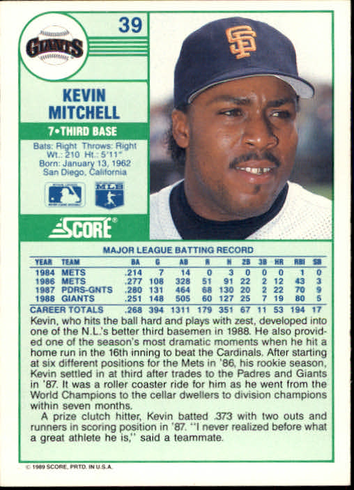 1989 Score #39 Kevin Mitchell back image