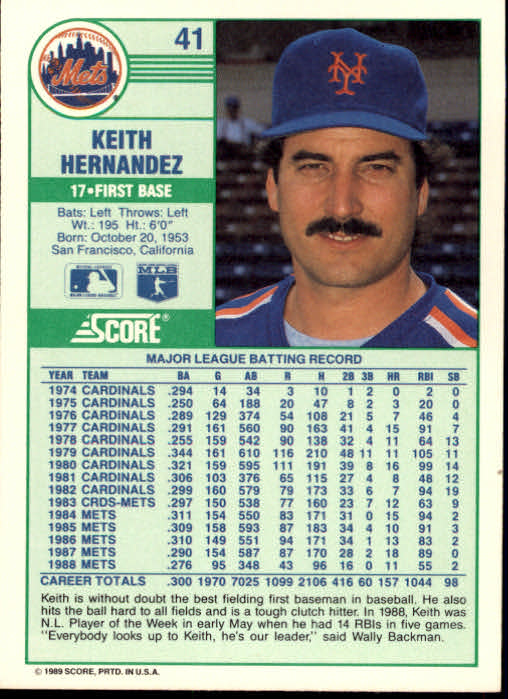 1989 Score #41 Keith Hernandez back image