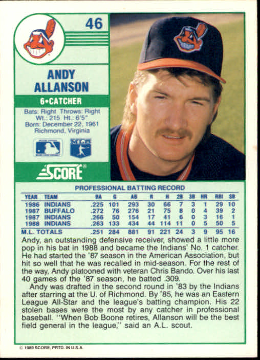 1989 Score #46 Andy Allanson back image