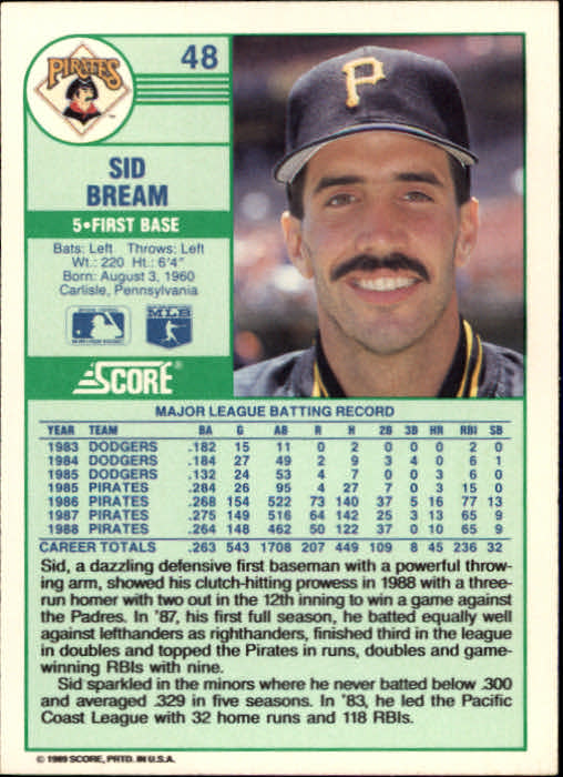 1989 Score #48 Sid Bream back image