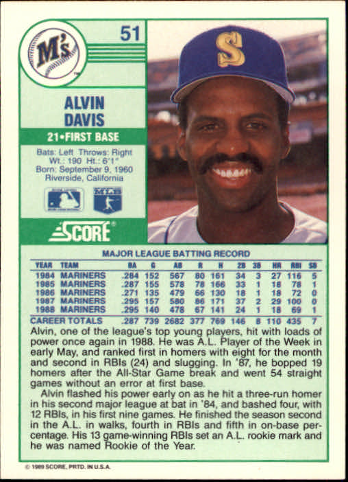 1989 Score #51 Alvin Davis back image